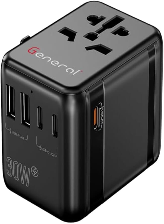 General GP661 30W Universal Travel Adapter with PD Fast Charging, All-in-One International Plug Adapter with USB & Type-C Ports, Worldwide AC Socket Compatible with UK/EU/US/AUS Plugs – Compact Travel